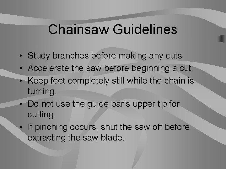 Chainsaw Guidelines • Study branches before making any cuts. • Accelerate the saw before