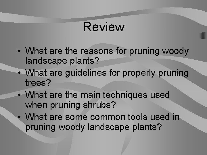 Review • What are the reasons for pruning woody landscape plants? • What are