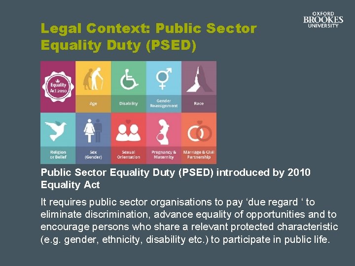 Legal Context: Public Sector Equality Duty (PSED) introduced by 2010 Equality Act It requires Legal Context: Public Sector Equality Duty (PSED) introduced by 2010 Equality Act It requires