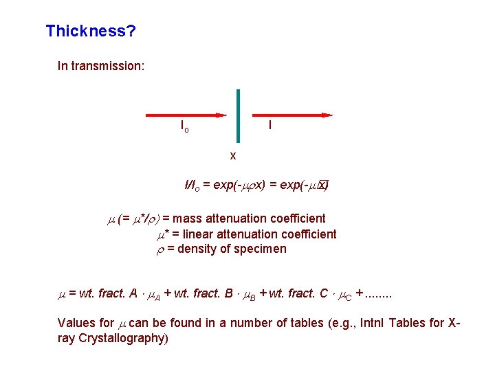 Thickness? In transmission: Io I x I/Io = exp(- x) = exp(- � x) Thickness? In transmission: Io I x I/Io = exp(- x) = exp(- � x)