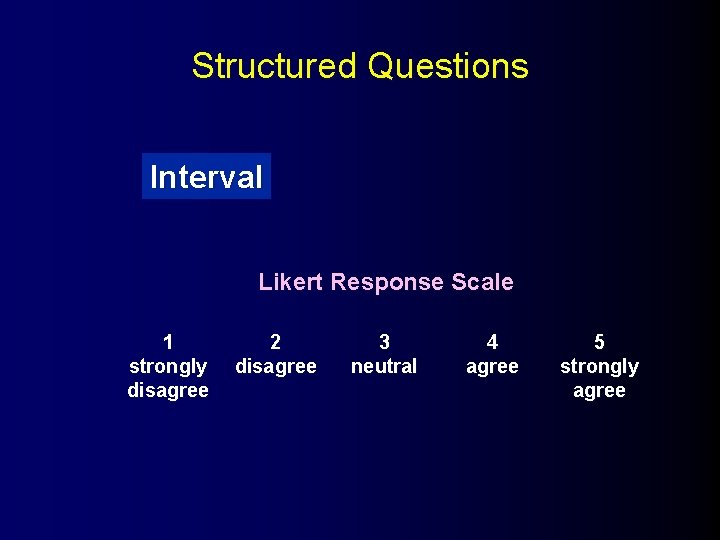 Structured Questions Interval Likert Response Scale 1 strongly disagree 2 disagree 3 neutral 4