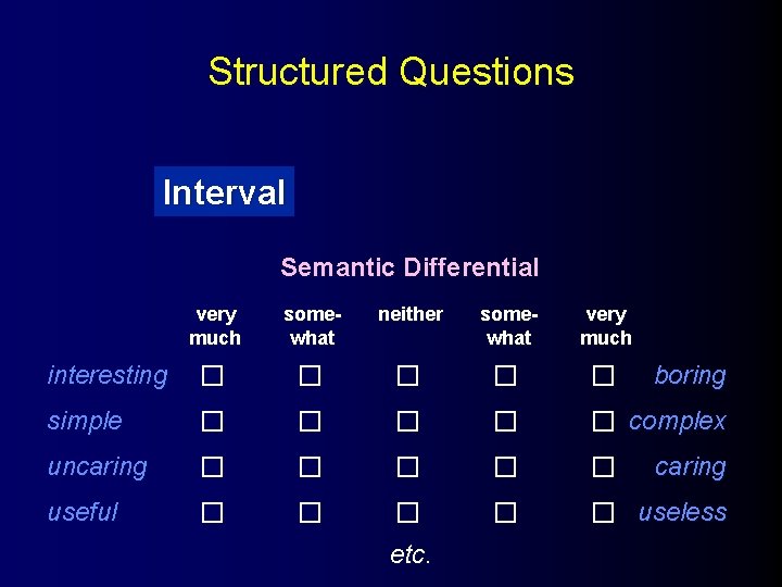 Structured Questions Interval Semantic Differential very much somewhat neither interesting somewhat very much boring