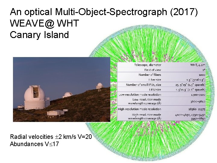An optical Multi-Object-Spectrograph (2017) WEAVE@ WHT Canary Island Radial velocities 2 km/s V=20 Abundances An optical Multi-Object-Spectrograph (2017) WEAVE@ WHT Canary Island Radial velocities 2 km/s V=20 Abundances