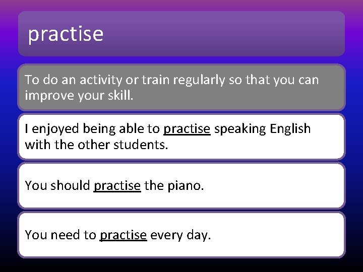 practise To do an activity or train regularly so that you can improve your