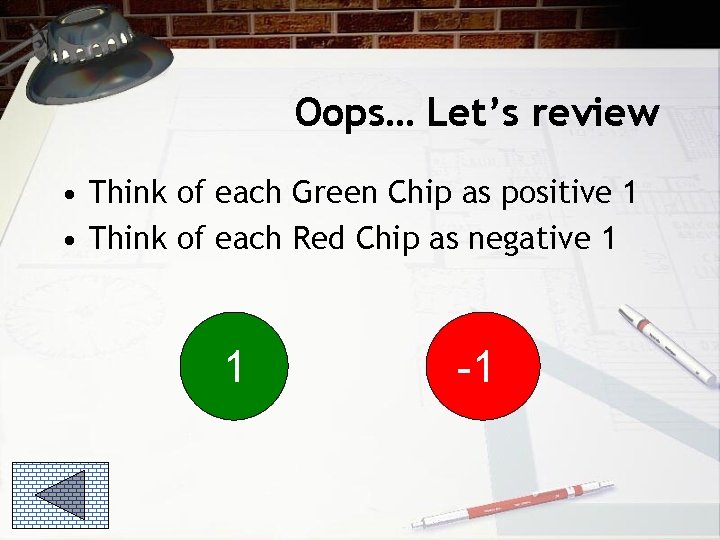 Oops… Let’s review • Think of each Green Chip as positive 1 • Think