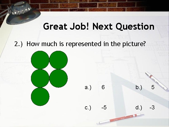 Great Job! Next Question 2. ) How much is represented in the picture? a.