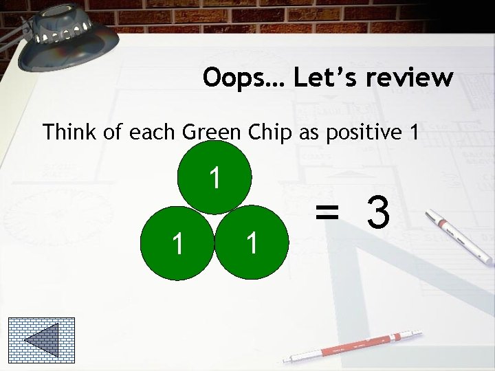 Oops… Let’s review Think of each Green Chip as positive 1 1 = 3