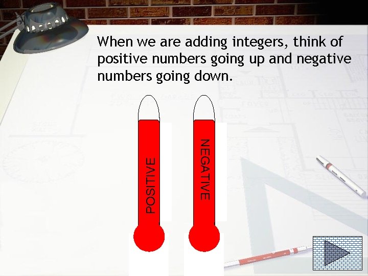 NEGATIVE POSITIVE When we are adding integers, think of positive numbers going up and