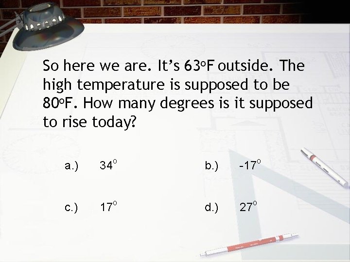 So here we are. It’s 63 o. F outside. The high temperature is supposed