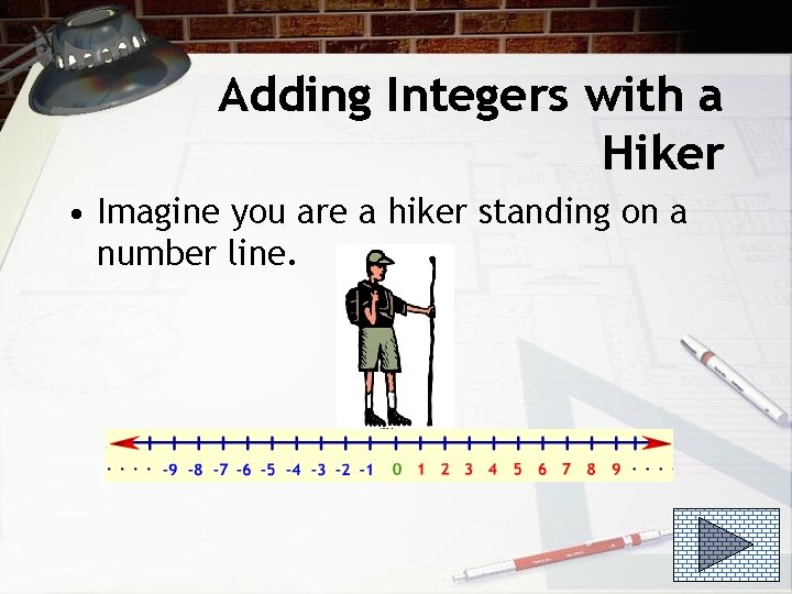 Adding Integers with a Hiker • Imagine you are a hiker standing on a