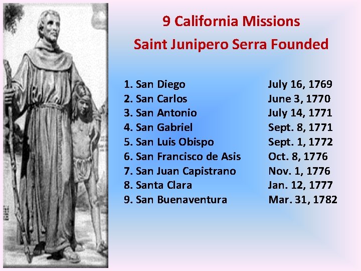 9 California Missions Saint Junipero Serra Founded 1. San Diego 2. San Carlos 3.