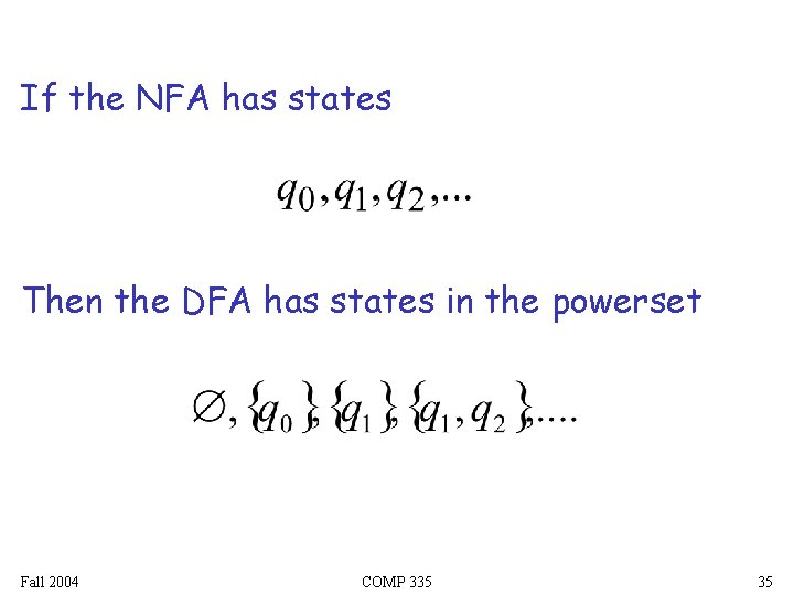 If the NFA has states Then the DFA has states in the powerset Fall