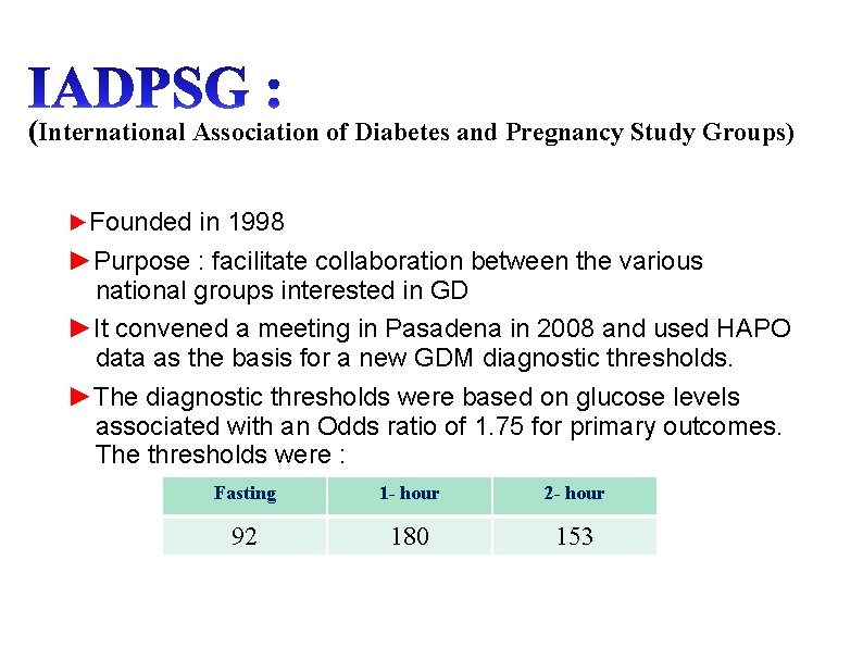 (International Association of Diabetes and Pregnancy Study Groups) ►Founded in 1998 ►Purpose : facilitate