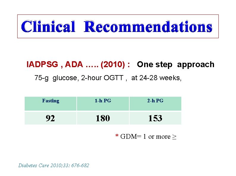 Clinical Recommendations IADPSG , ADA …. . (2010) : One step approach 75 -g