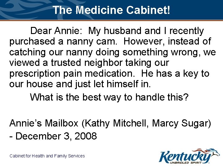 The Medicine Cabinet! Dear Annie: My husband I recently purchased a nanny cam. However,