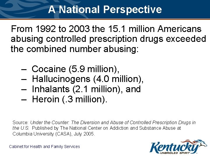 A National Perspective From 1992 to 2003 the 15. 1 million Americans abusing controlled