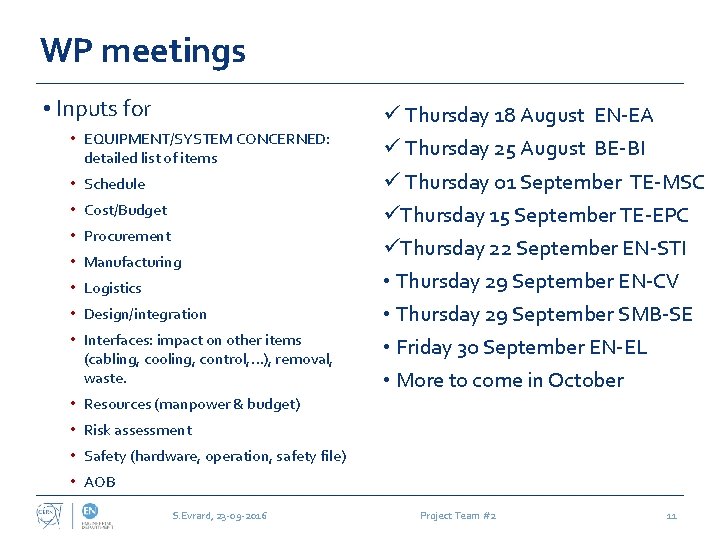 WP meetings • Inputs for • EQUIPMENT/SYSTEM CONCERNED: detailed list of items • Schedule