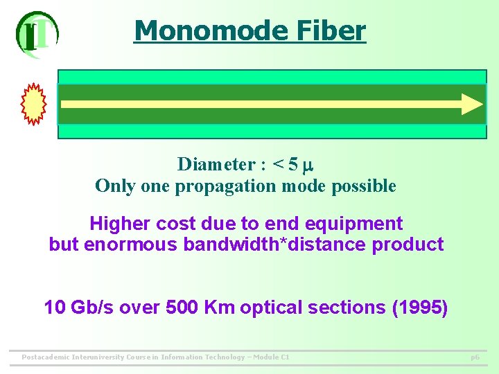 Monomode Fiber Diameter : < 5 Only one propagation mode possible Higher cost due