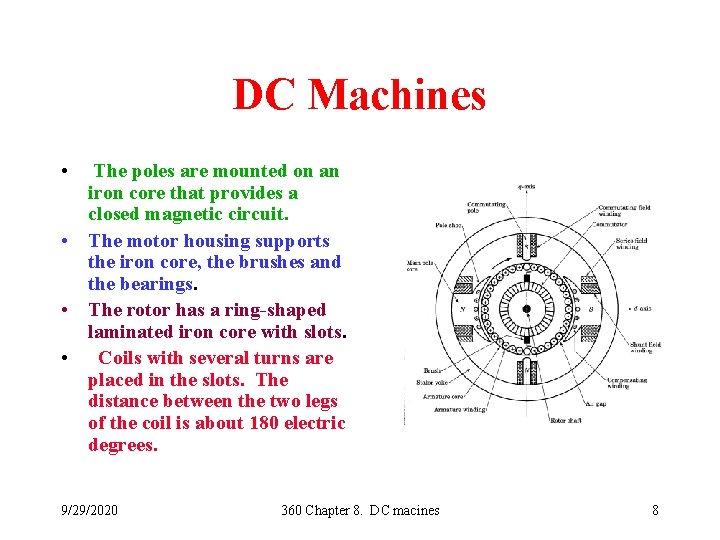 DC Machines • The poles are mounted on an iron core that provides a