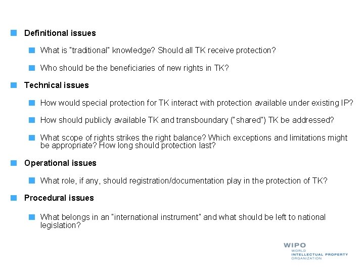 Definitional issues What is “traditional” knowledge? Should all TK receive protection? Who should be