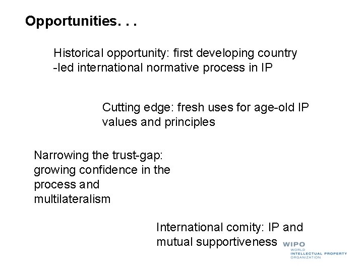 Opportunities. . . Historical opportunity: first developing country -led international normative process in IP