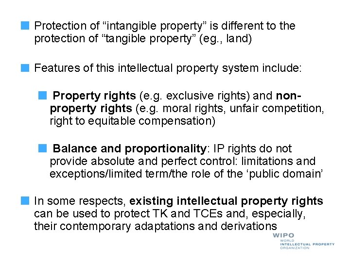 Protection of “intangible property” is different to the protection of “tangible property” (eg. ,