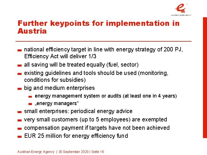 Further keypoints for implementation in Austria national efficiency target in line with energy strategy