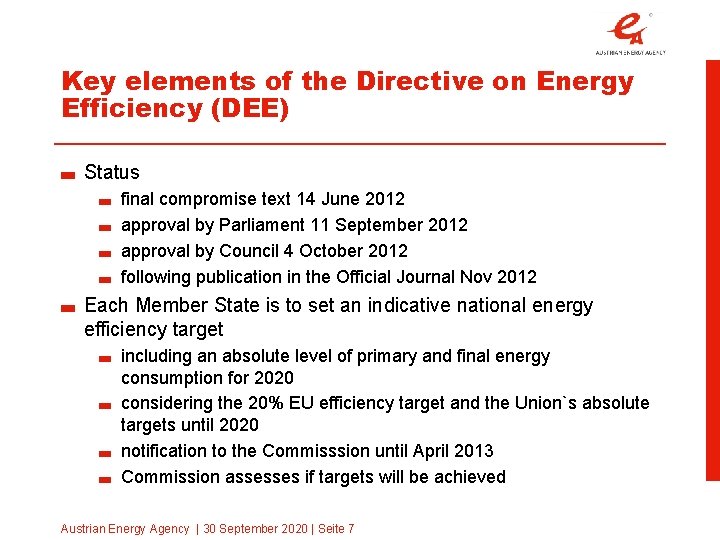 Key elements of the Directive on Energy Efficiency (DEE) Status final compromise text 14