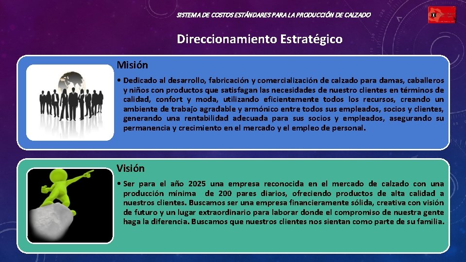 SISTEMA DE COSTOS ESTÁNDARES PARA LA PRODUCCIÓN DE CALZADO Direccionamiento Estratégico Misión • Dedicado