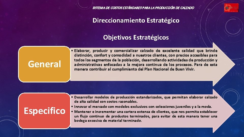SISTEMA DE COSTOS ESTÁNDARES PARA LA PRODUCCIÓN DE CALZADO Direccionamiento Estratégico Objetivos Estratégicos General