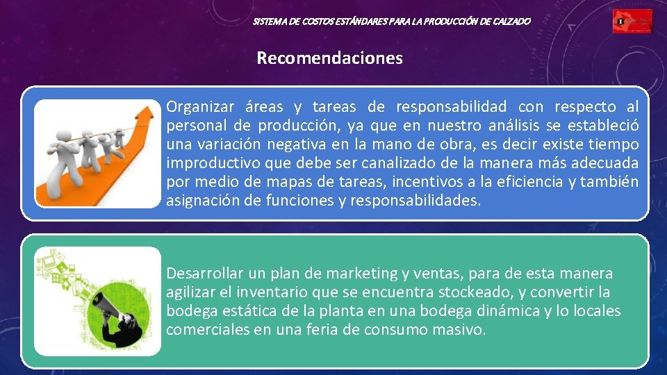 SISTEMA DE COSTOS ESTÁNDARES PARA LA PRODUCCIÓN DE CALZADO Recomendaciones Organizar áreas y tareas