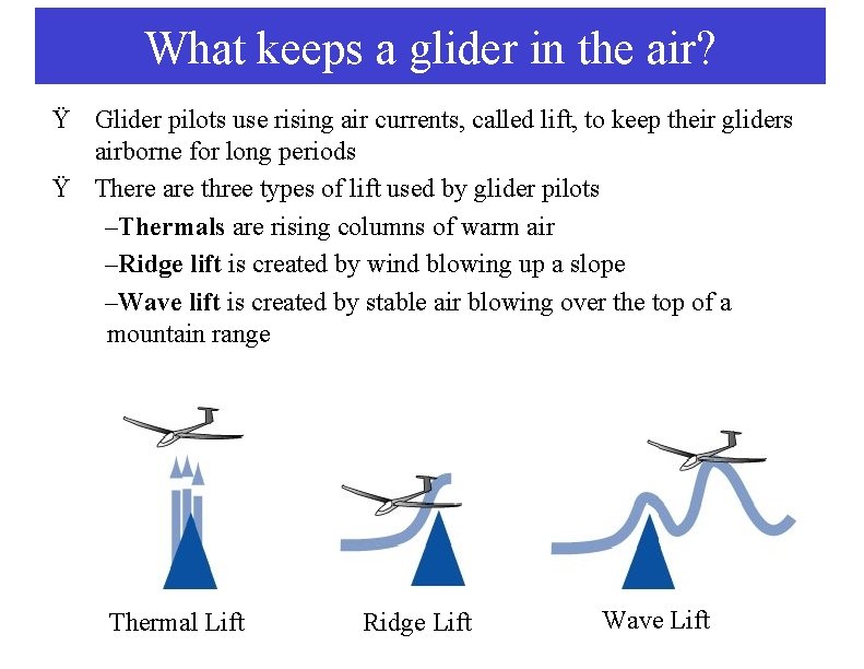 What keeps a glider in the air? Ÿ Glider pilots use rising air currents,