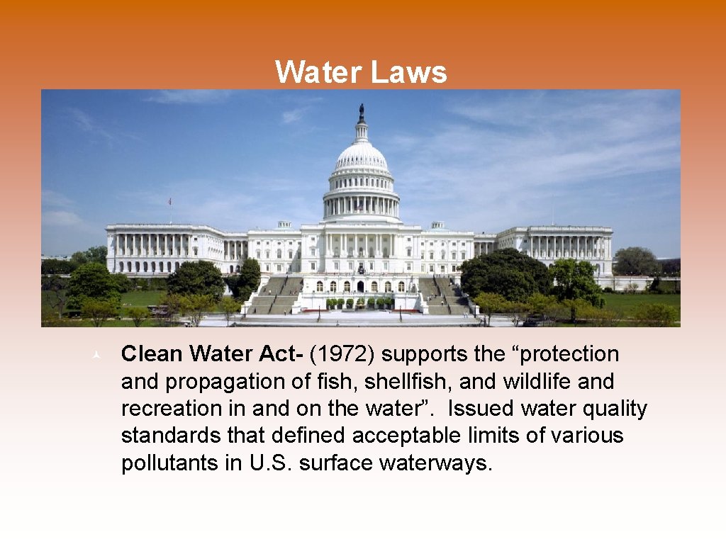 Water Laws Clean Water Act- (1972) supports the “protection and propagation of fish, shellfish,