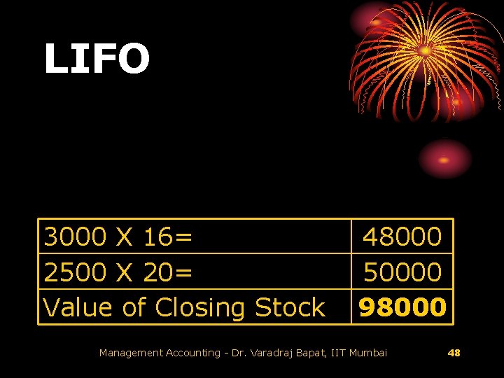 LIFO 3000 X 16= 2500 X 20= Value of Closing Stock 48000 50000 98000