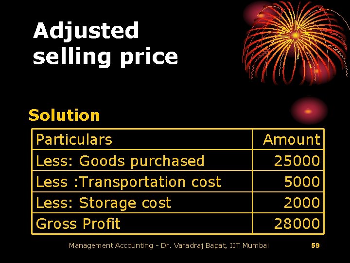Adjusted selling price Solution Particulars Less: Goods purchased Less : Transportation cost Less: Storage