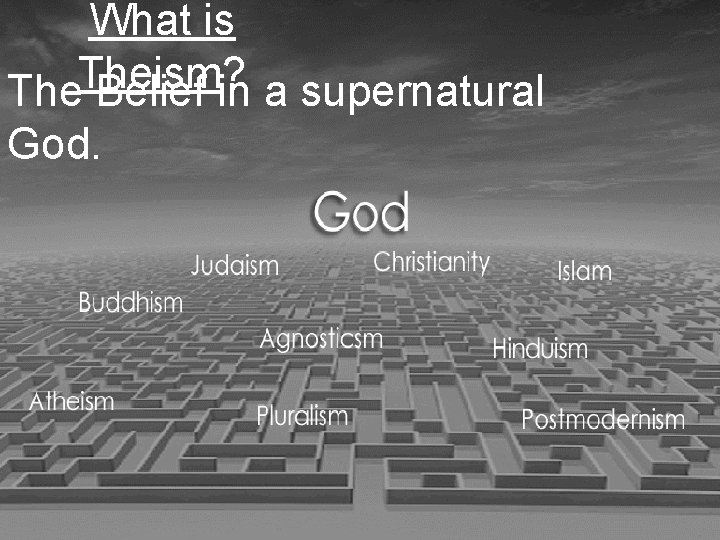 What is Theism? The Belief in a supernatural God. What is Theism? The Belief in a supernatural God.