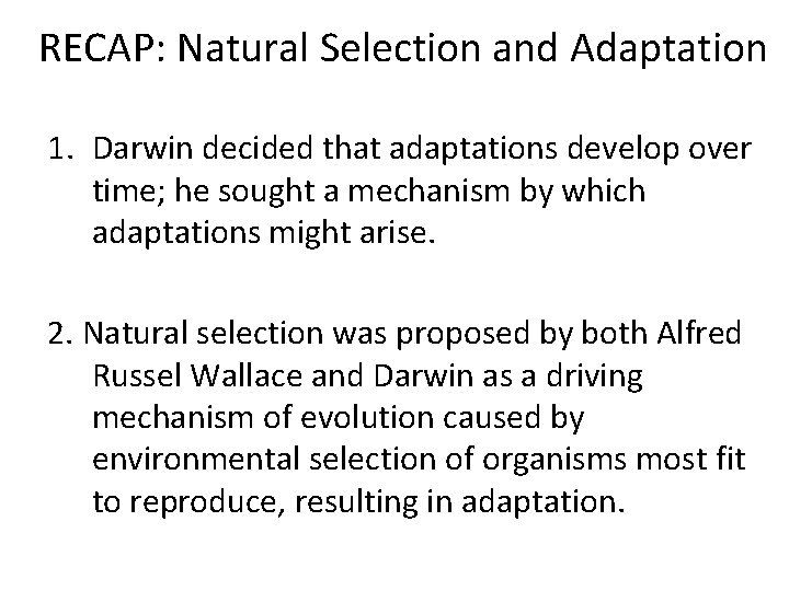 RECAP: Natural Selection and Adaptation 1. Darwin decided that adaptations develop over time; he