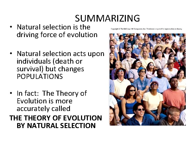 SUMMARIZING • Natural selection is the driving force of evolution • Natural selection acts