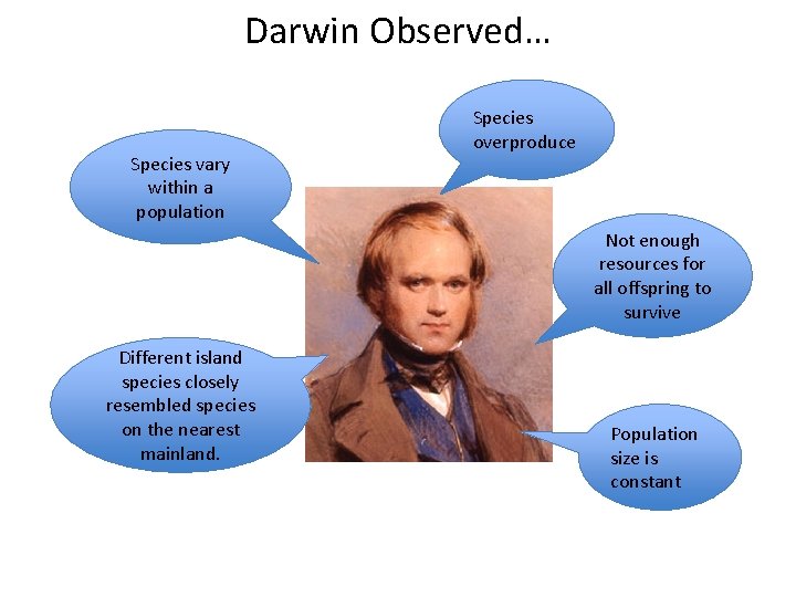 Darwin Observed… Species vary within a population Species overproduce Not enough resources for all
