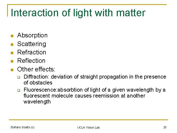 Interaction of light with matter n n n Absorption Scattering Refraction Reflection Other effects: