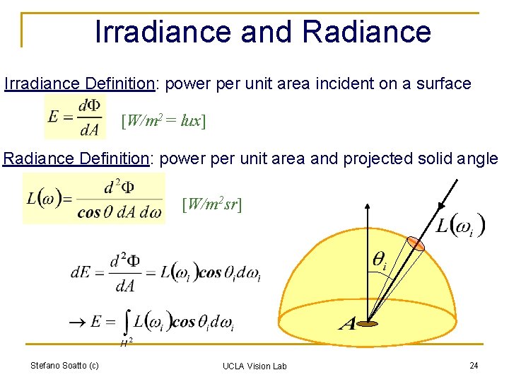Irradiance and Radiance Irradiance Definition: power per unit area incident on a surface [W/m