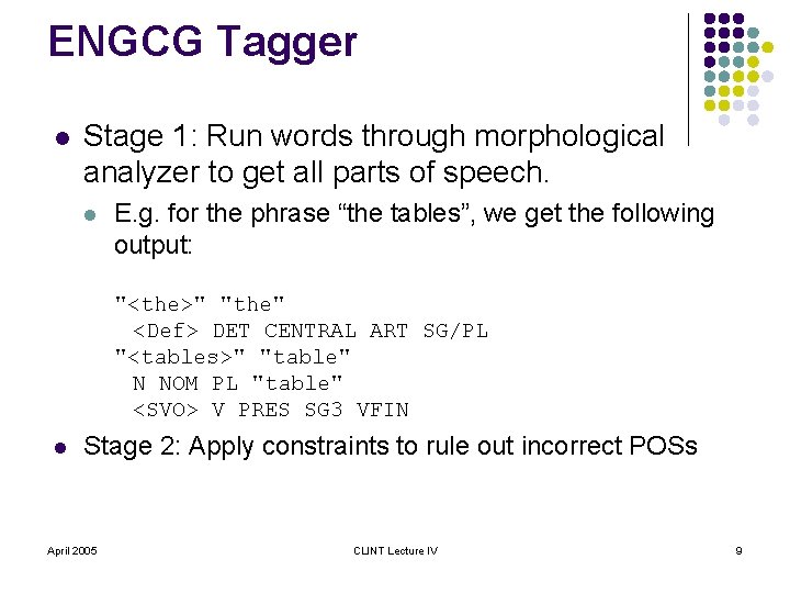 ENGCG Tagger l Stage 1: Run words through morphological analyzer to get all parts