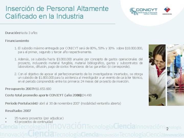 Inserción de Personal Altamente Calificado en la Industria Duración: Hasta 3 años Financiamiento 1.