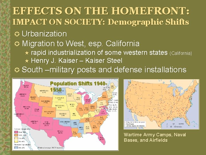 EFFECTS ON THE HOMEFRONT: IMPACT ON SOCIETY: Demographic Shifts µ Urbanization µ Migration to