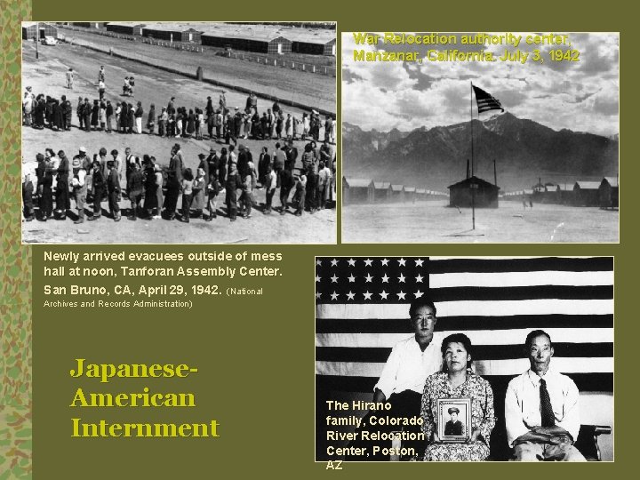 War Relocation authority center, Manzanar, California. July 3, 1942 Newly arrived evacuees outside of