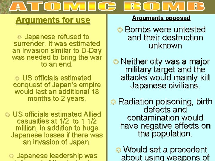 Arguments for use Japanese refused to surrender. It was estimated an invasion similar to