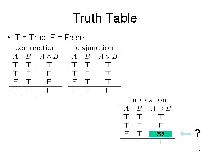 Truth Table • T = True, F = False ? ? ? ? 2