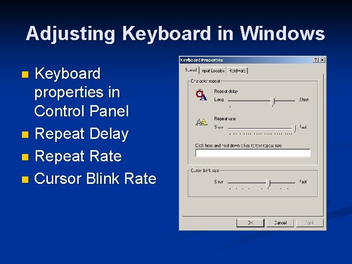 Adjusting Keyboard in Windows Keyboard properties in Control Panel n Repeat Delay n Repeat