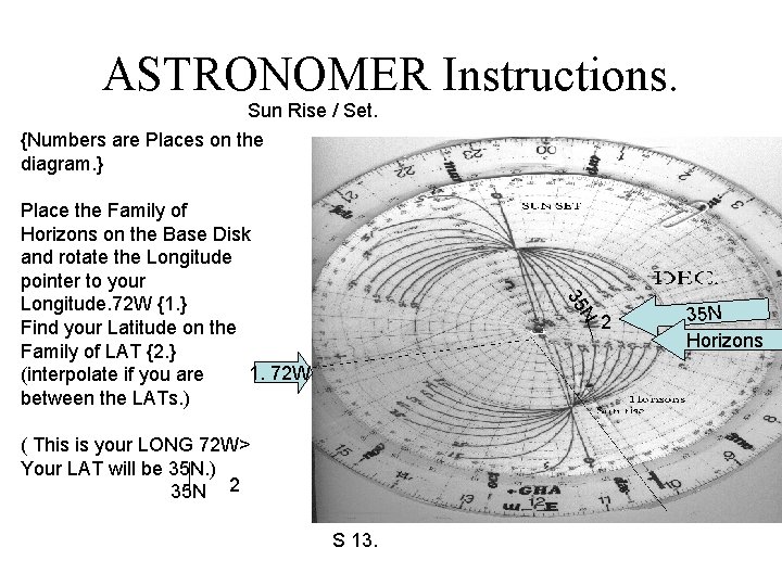 ASTRONOMER Instructions. Sun Rise / Set. {Numbers are Places on the diagram. } N