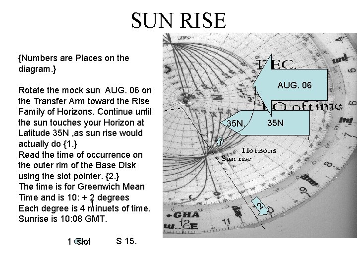 SUN RISE {Numbers are Places on the diagram. } Rotate the mock sun AUG.